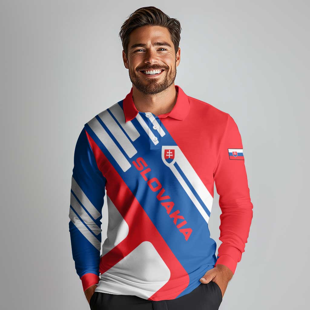 Slovakia – Red Blue White Geometric Flag Design Long Sleeve Polo Shirt with National Crest
