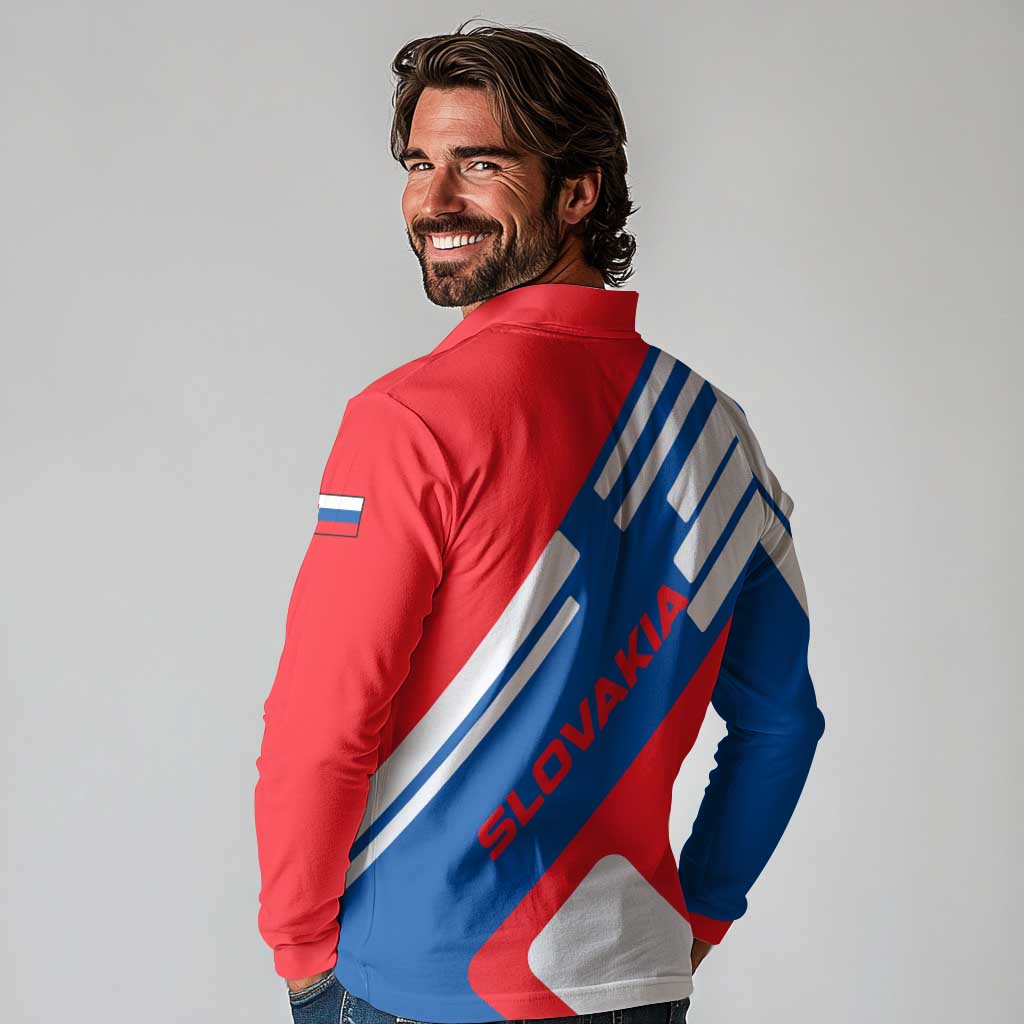 Slovakia – Red Blue White Geometric Flag Design Long Sleeve Polo Shirt with National Crest
