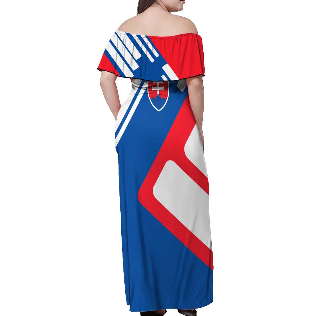 Slovakia – Red Blue White Geometric Flag Design Off Shoulder Maxi Dress with National Crest