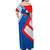 Slovakia – Red Blue White Geometric Flag Design Off Shoulder Maxi Dress with National Crest
