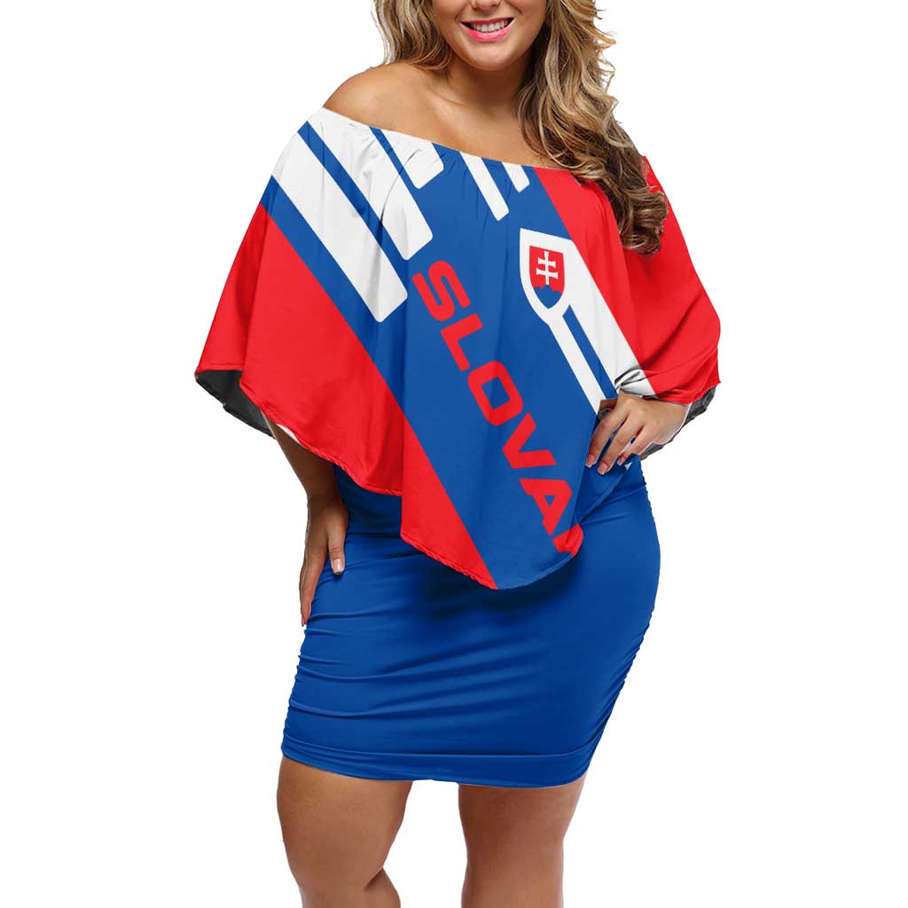 Slovakia – Red Blue White Geometric Flag Design Off Shoulder Short Dress with National Crest