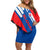 Slovakia – Red Blue White Geometric Flag Design Off Shoulder Short Dress with National Crest