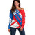Slovakia – Red Blue White Geometric Flag Design Off Shoulder Sweater with National Crest