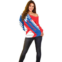 Slovakia – Red Blue White Geometric Flag Design Off Shoulder Sweater with National Crest