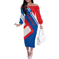Slovakia – Red Blue White Geometric Flag Design Off The Shoulder Long Sleeve Dress with National Crest