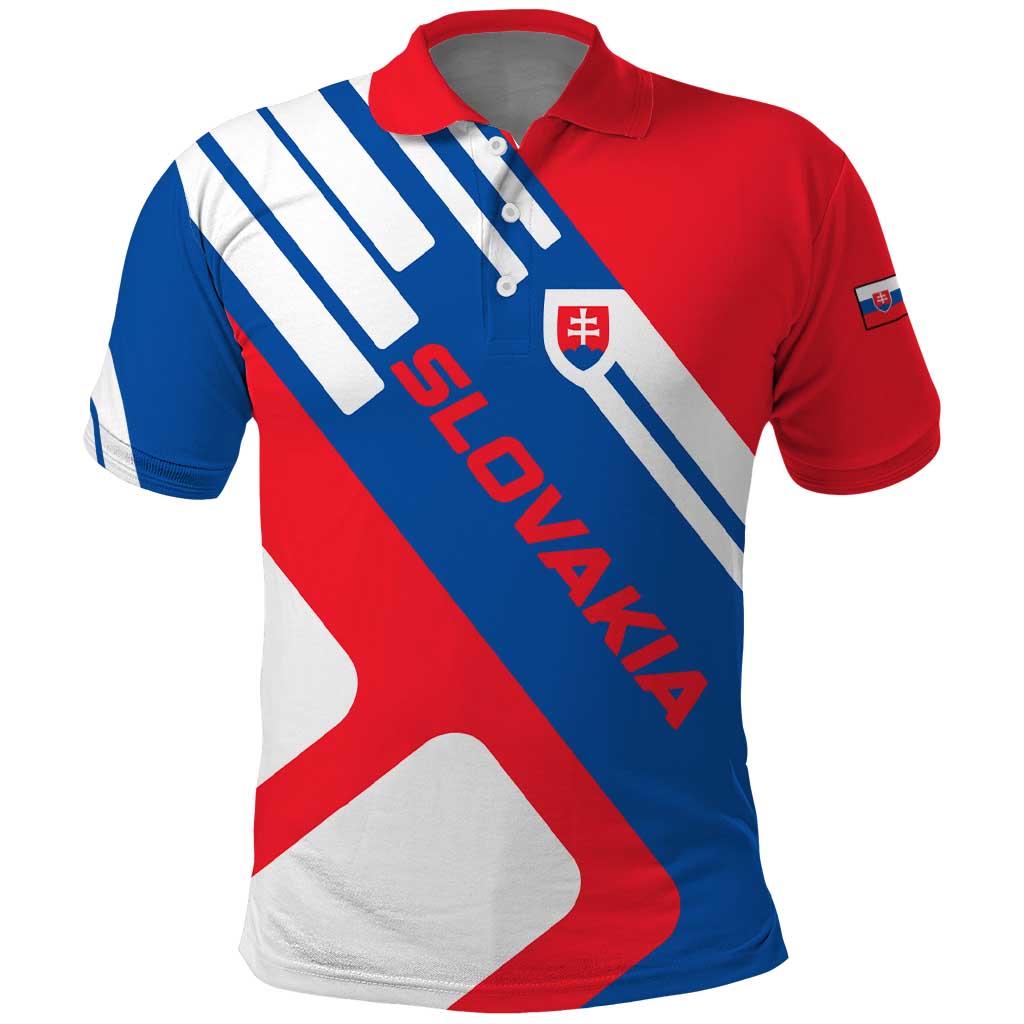 Slovakia – Red Blue White Geometric Flag Design Polo Shirt with National Crest