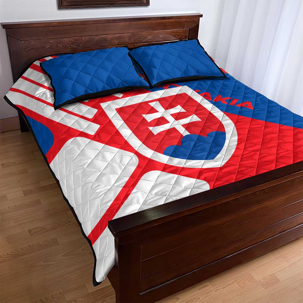 Slovakia – Red Blue White Geometric Flag Design Quilt Bed Set with National Crest
