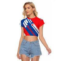 Slovakia – Red Blue White Geometric Flag Design Raglan Cropped T Shirt with National Crest