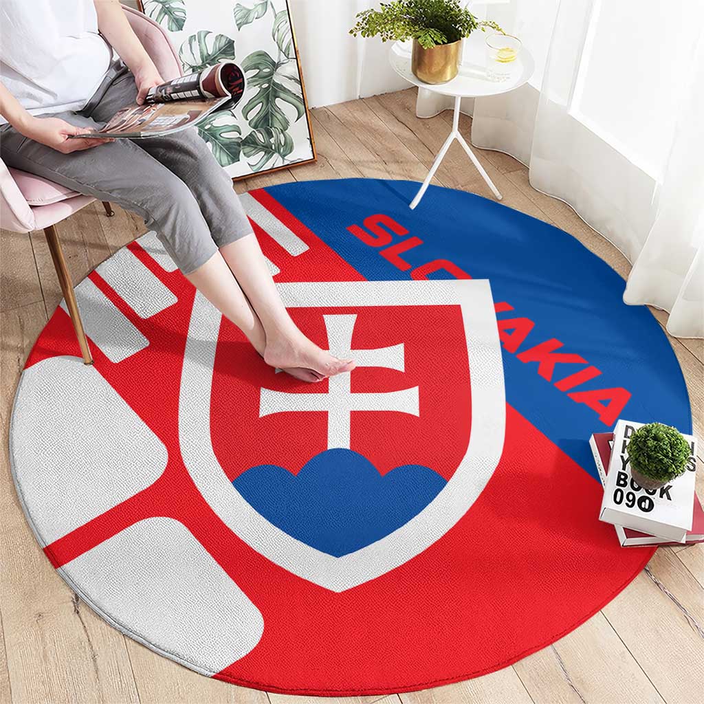 Slovakia – Red Blue White Geometric Flag Design Round Carpet with National Crest