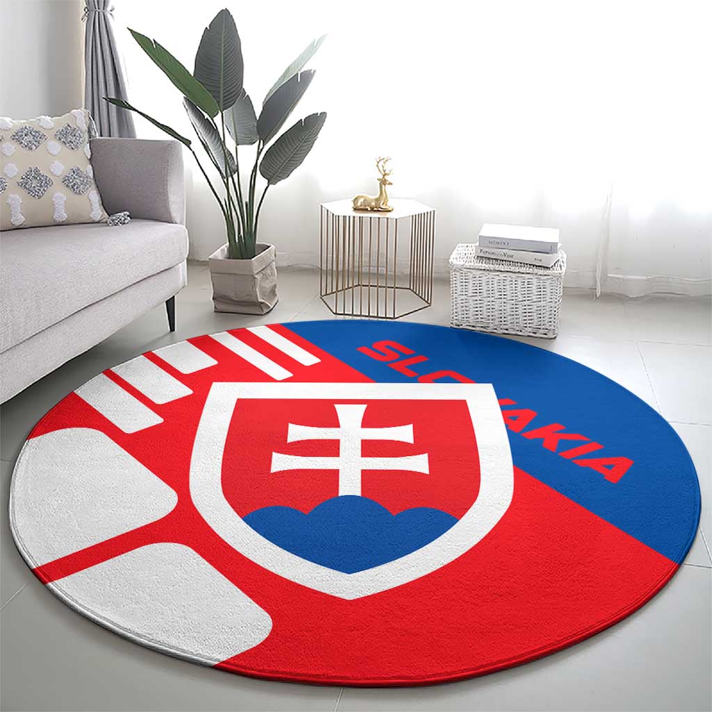 Slovakia – Red Blue White Geometric Flag Design Round Carpet with National Crest