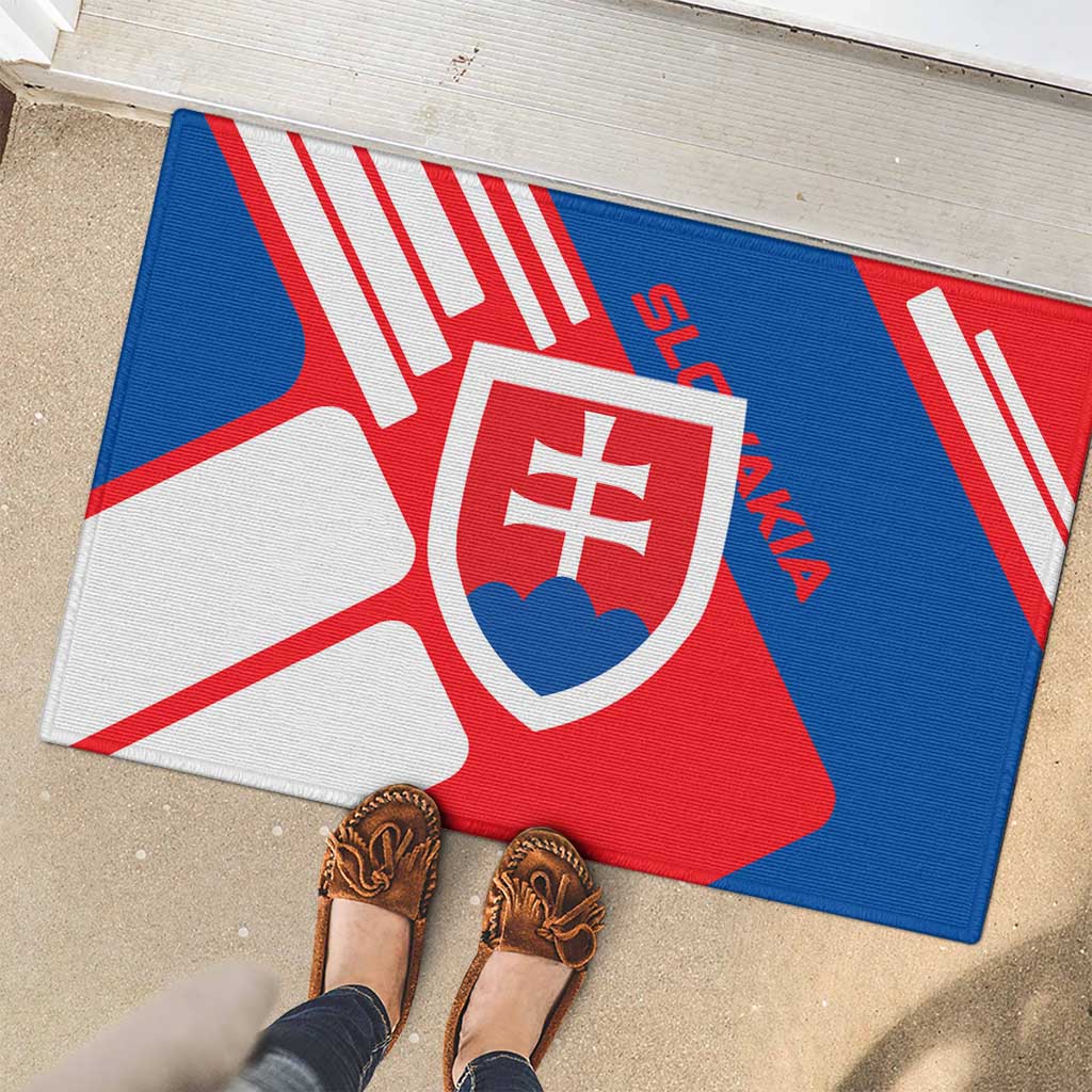 Slovakia – Red Blue White Geometric Flag Design Rubber Doormat with National Crest