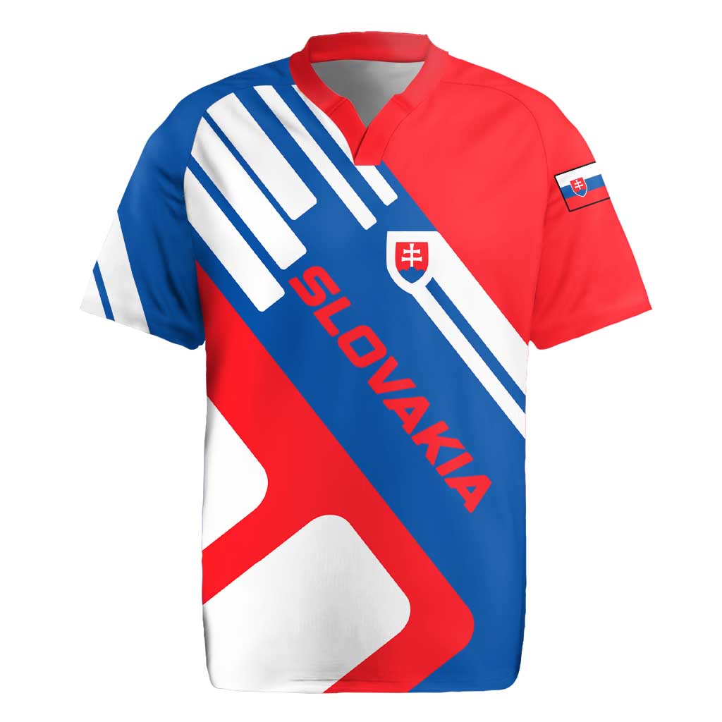 Slovakia – Red Blue White Geometric Flag Design Rugby Jersey with National Crest