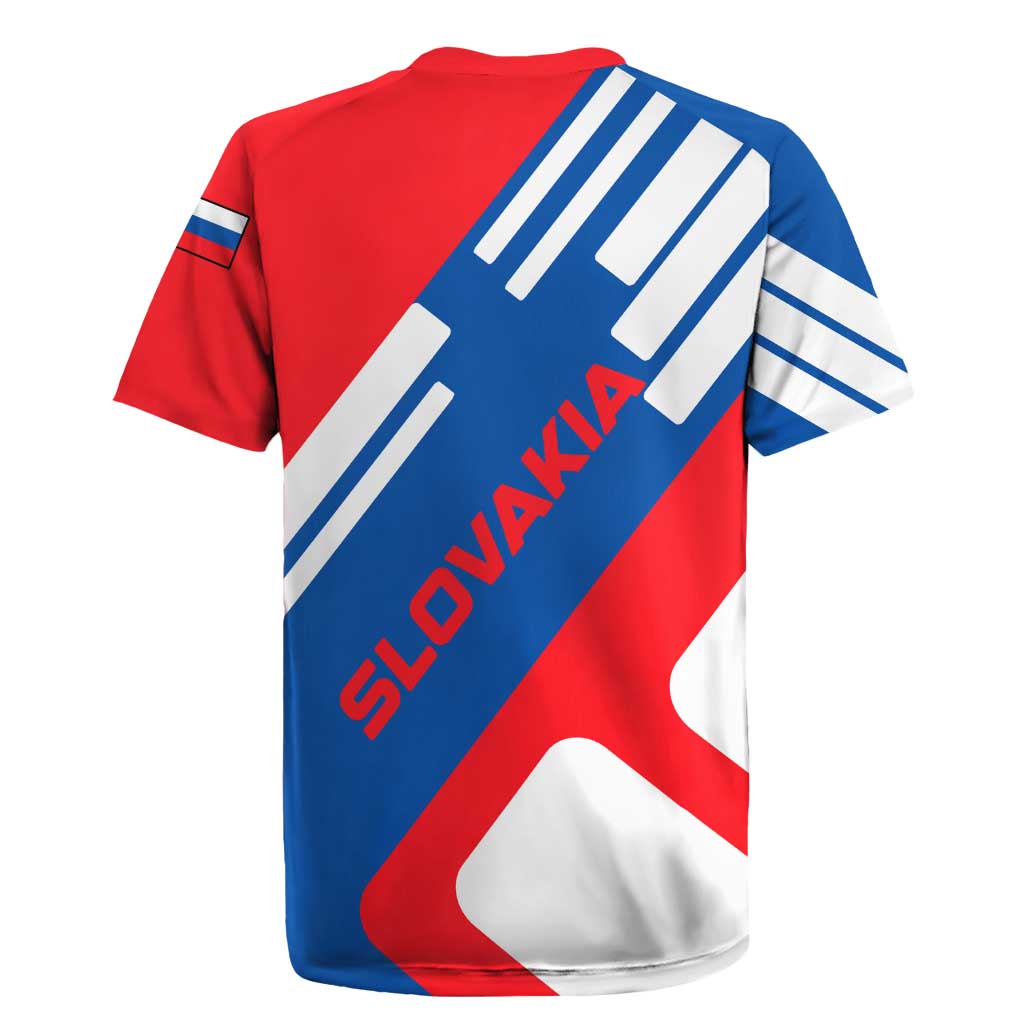 Slovakia – Red Blue White Geometric Flag Design Rugby Jersey with National Crest