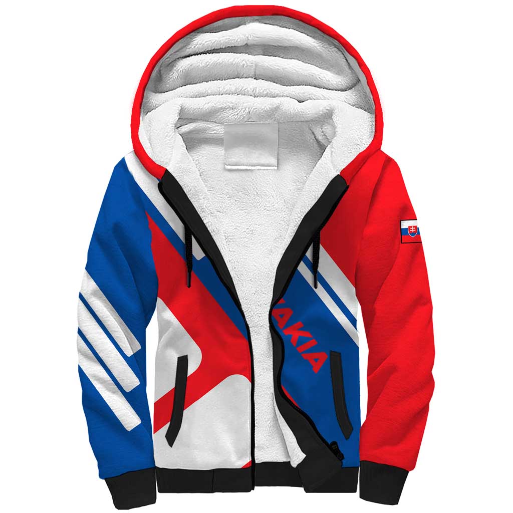 Slovakia – Red Blue White Geometric Flag Design Sherpa Hoodie with National Crest