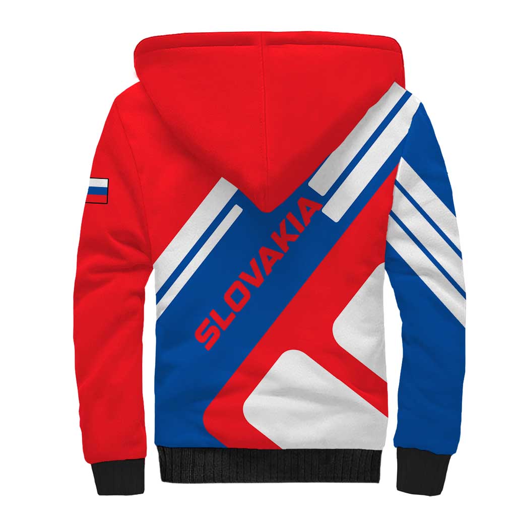 Slovakia – Red Blue White Geometric Flag Design Sherpa Hoodie with National Crest