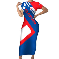 Slovakia – Red Blue White Geometric Flag Design Short Sleeve Bodycon Dress with National Crest