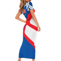 Slovakia – Red Blue White Geometric Flag Design Short Sleeve Bodycon Dress with National Crest