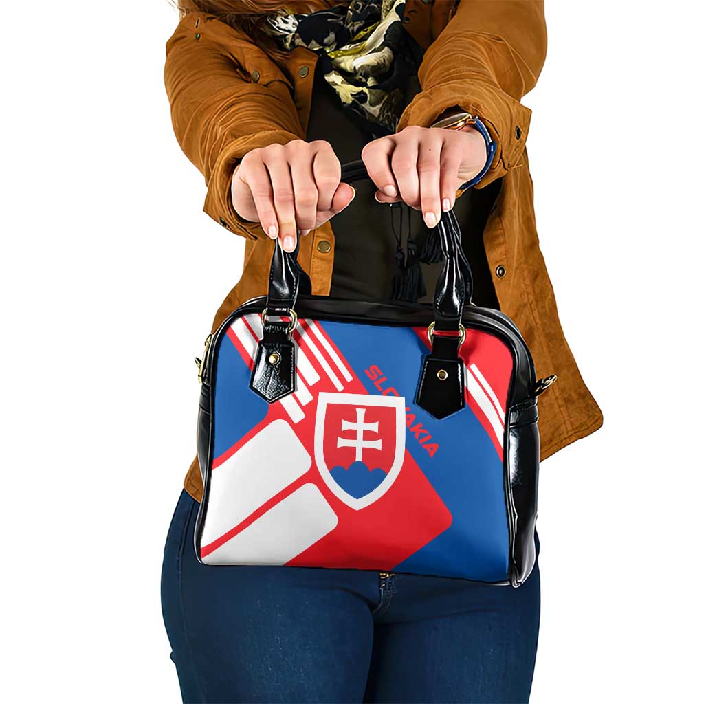 Slovakia – Red Blue White Geometric Flag Design Shoulder Handbag with National Crest
