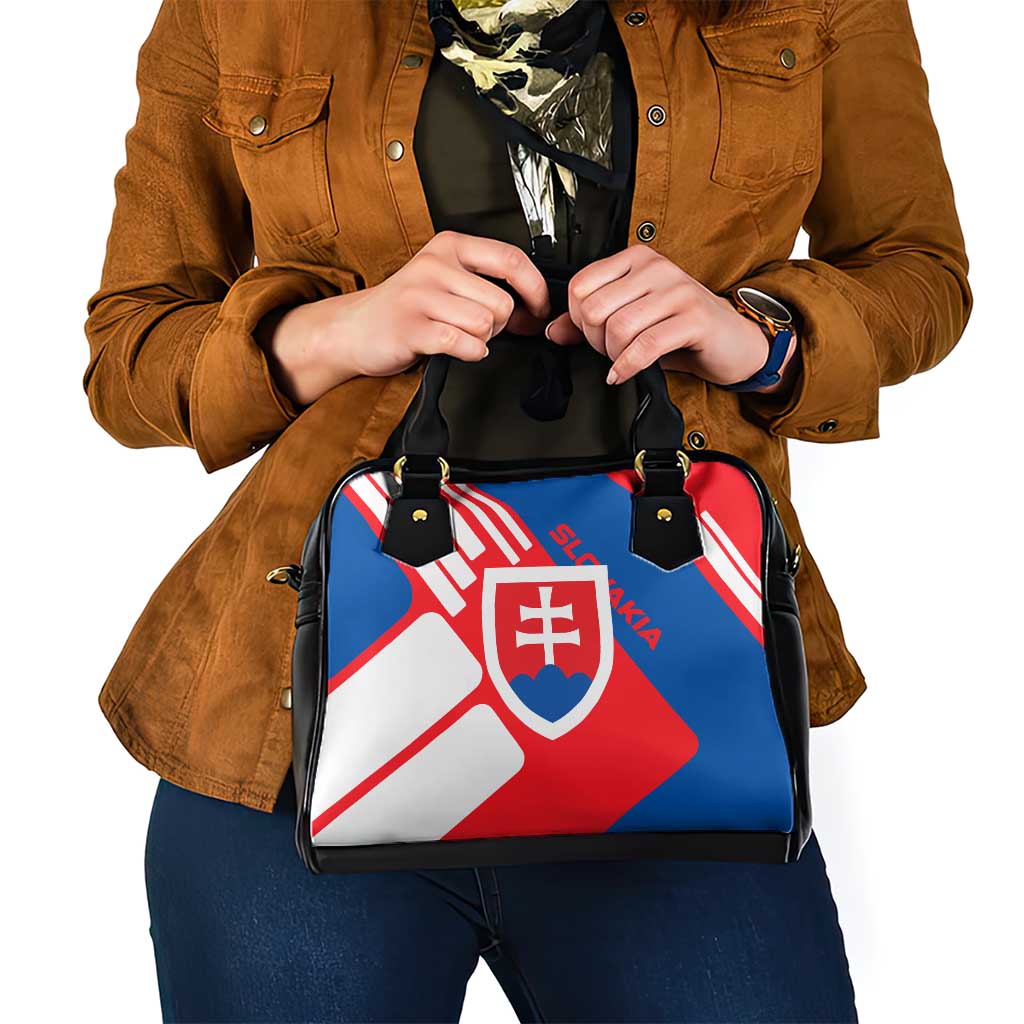 Slovakia – Red Blue White Geometric Flag Design Shoulder Handbag with National Crest