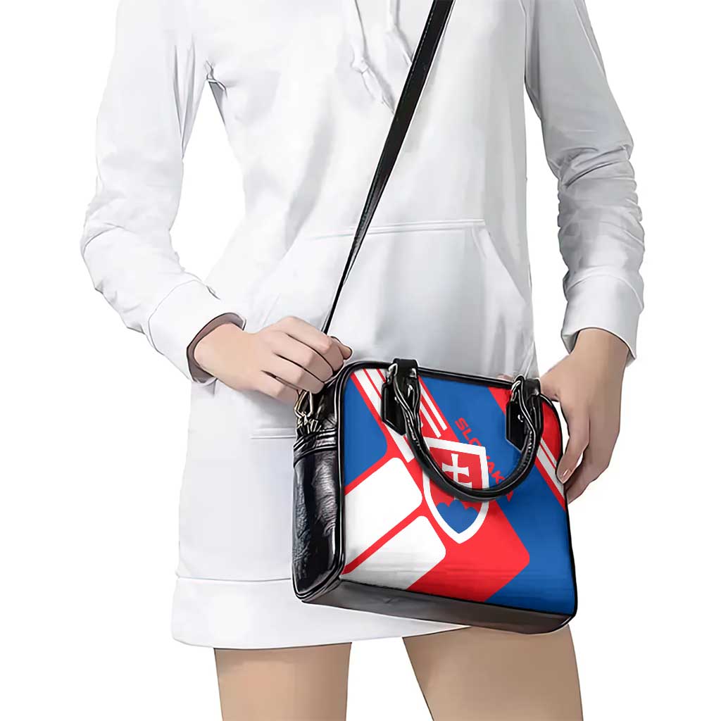 Slovakia – Red Blue White Geometric Flag Design Shoulder Handbag with National Crest