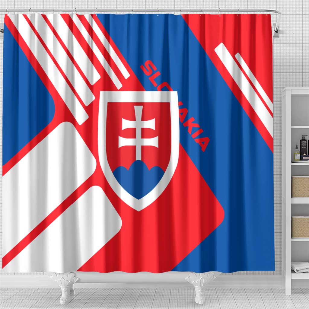 Slovakia – Red Blue White Geometric Flag Design Shower Curtain with National Crest