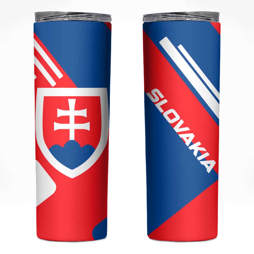 Slovakia – Red Blue White Geometric Flag Design Skinny Tumbler with National Crest