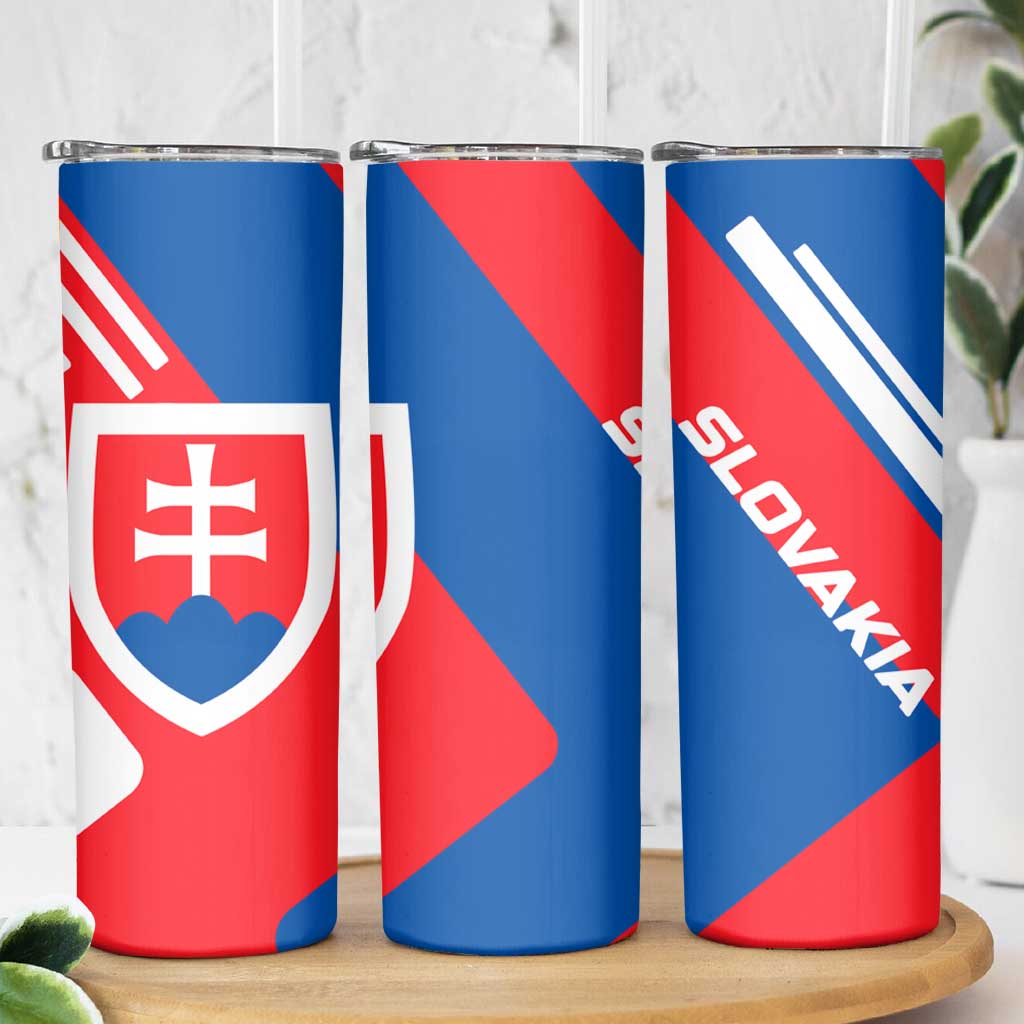 Slovakia – Red Blue White Geometric Flag Design Skinny Tumbler with National Crest