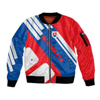 Slovakia – Red Blue White Geometric Flag Design Sleeve Zip Bomber Jacket with National Crest