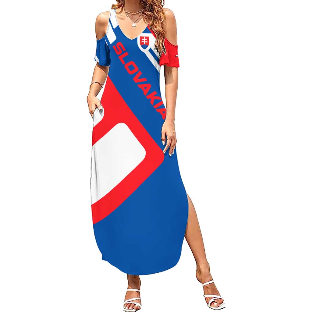 Slovakia – Red Blue White Geometric Flag Design Summer Maxi Dress with National Crest