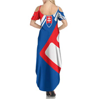 Slovakia – Red Blue White Geometric Flag Design Summer Maxi Dress with National Crest