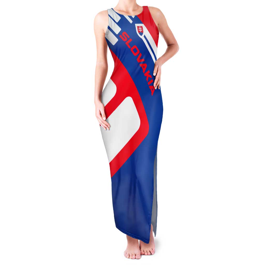 Slovakia – Red Blue White Geometric Flag Design Tank Maxi Dress with National Crest