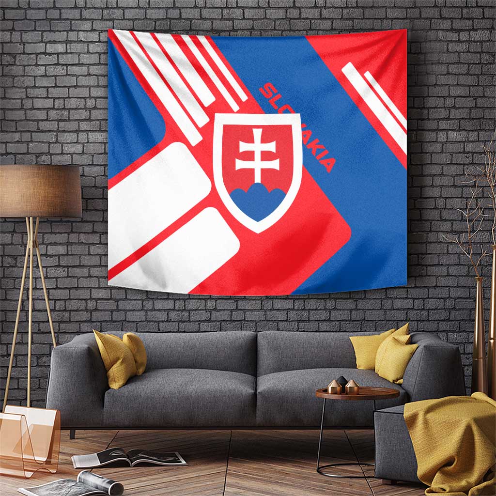Slovakia – Red Blue White Geometric Flag Design Tapestry with National Crest