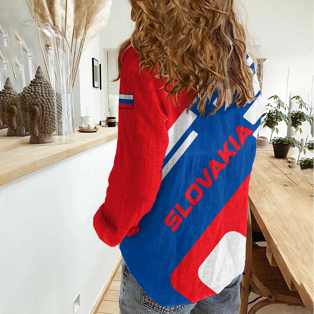 Slovakia – Red Blue White Geometric Flag Design Women Casual Shirt with National Crest