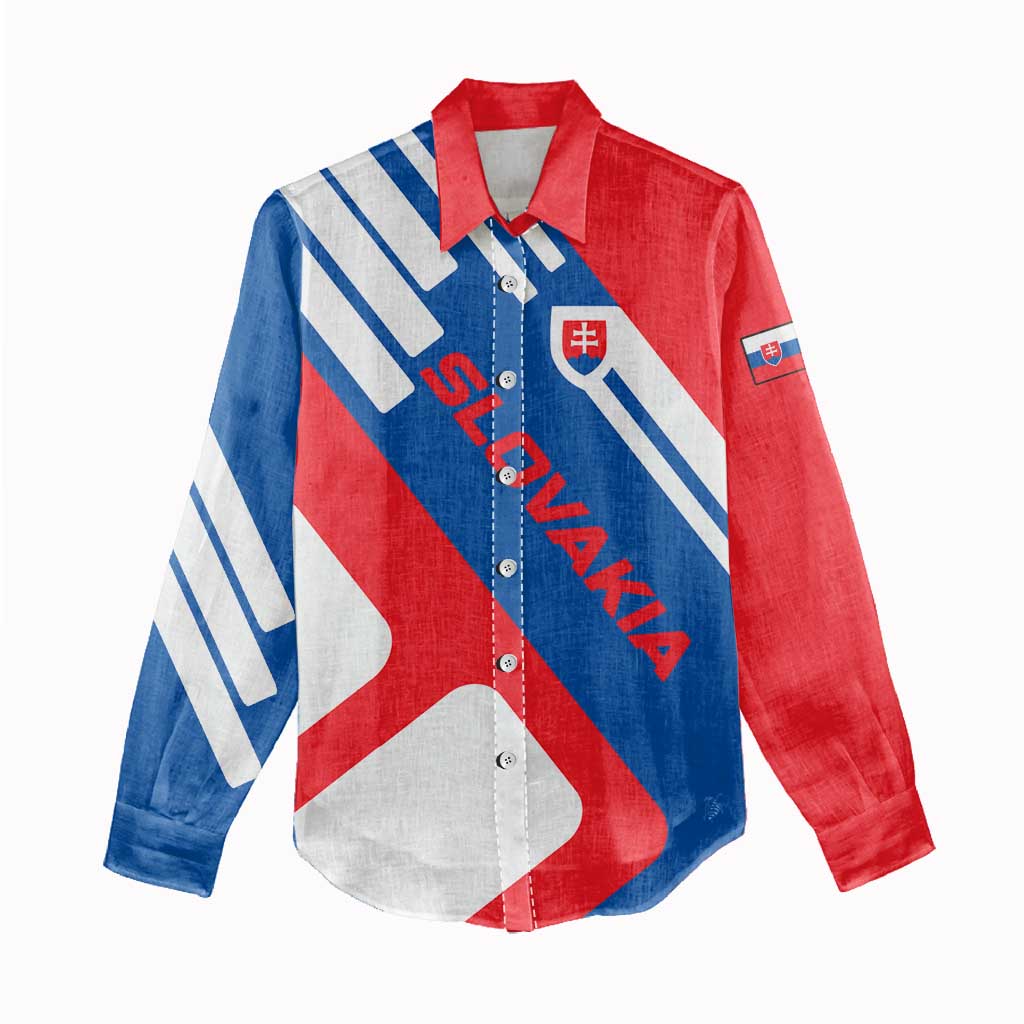 Slovakia – Red Blue White Geometric Flag Design Women Casual Shirt with National Crest