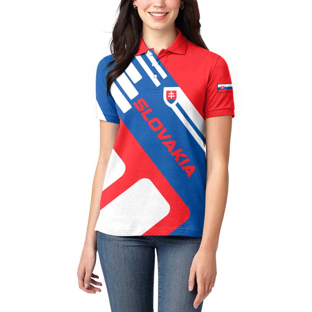 Slovakia – Red Blue White Geometric Flag Design Women Polo Shirt with National Crest