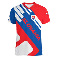 Slovakia – Red Blue White Geometric Flag Design Women V-Neck T-Shirt with National Crest