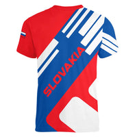 Slovakia – Red Blue White Geometric Flag Design Women V-Neck T-Shirt with National Crest