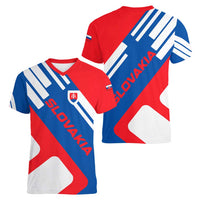 Slovakia – Red Blue White Geometric Flag Design Women V-Neck T-Shirt with National Crest