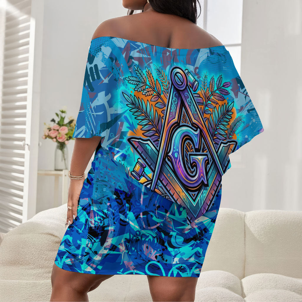 Prince Hall Freemasonry Off Shoulder Short Dress Compasses Masonic Art - Urban Graffiti Style