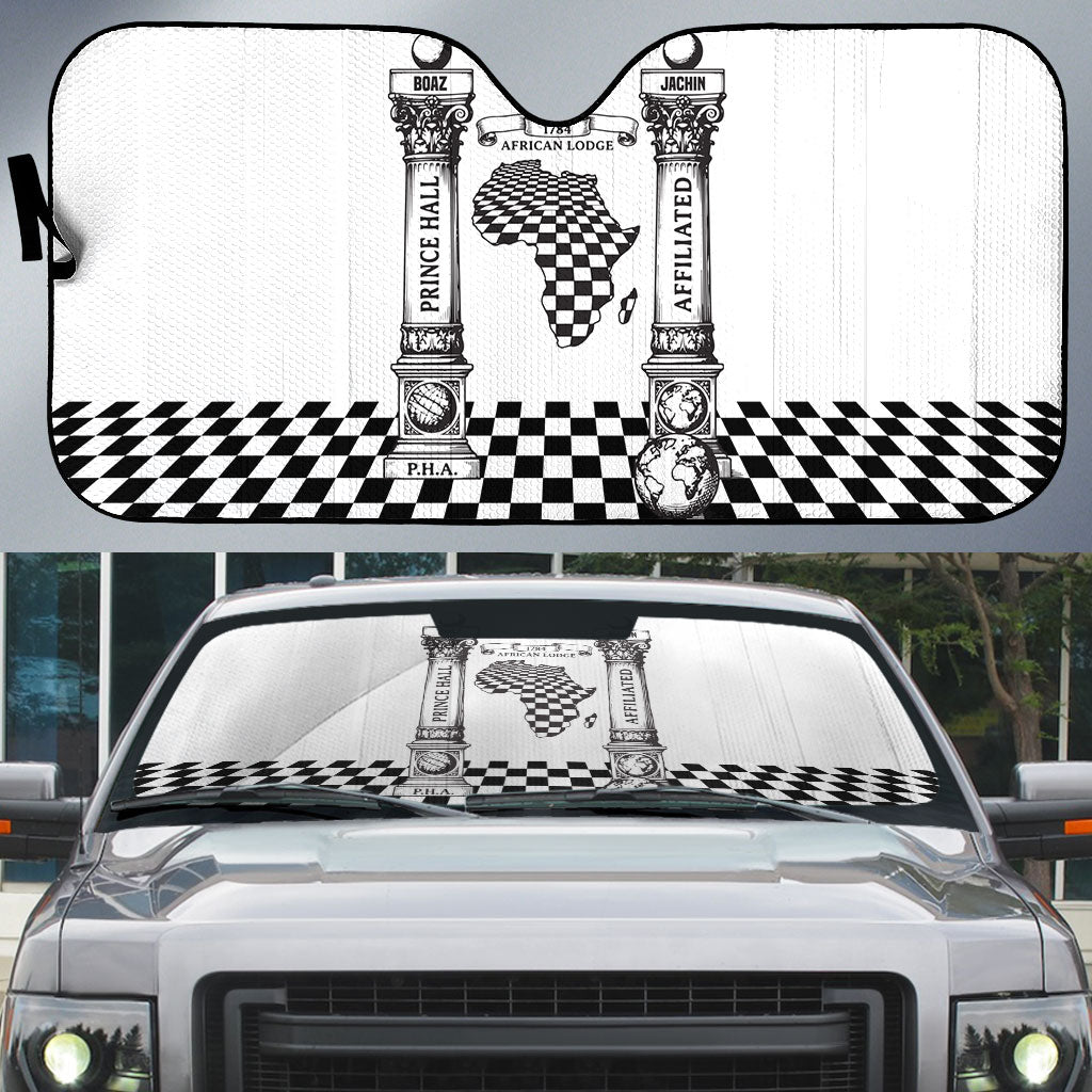 Prince Hall Affiliated Freemasonry Auto Sun Shade Classic Masonic Pillars Boaz Jachin Checkerboard Africa Map