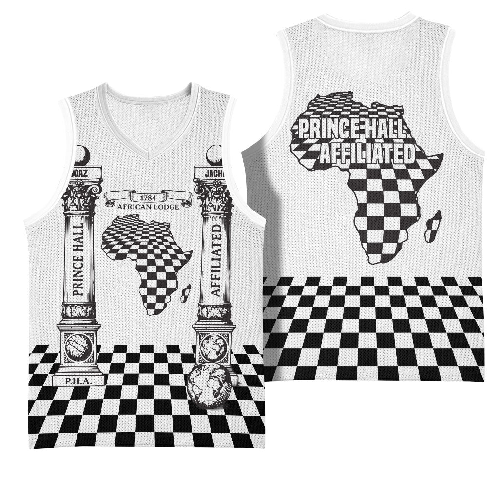 Prince Hall Affiliated Freemasonry Basketball Jersey Classic Masonic Pillars Boaz Jachin Checkerboard Africa Map