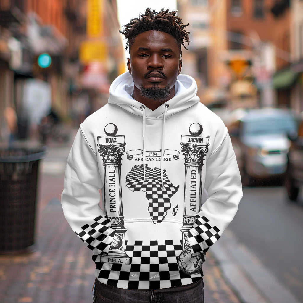 Prince Hall Affiliated Freemasonry Hoodie Classic Masonic Pillars Boaz Jachin Checkerboard Africa Map