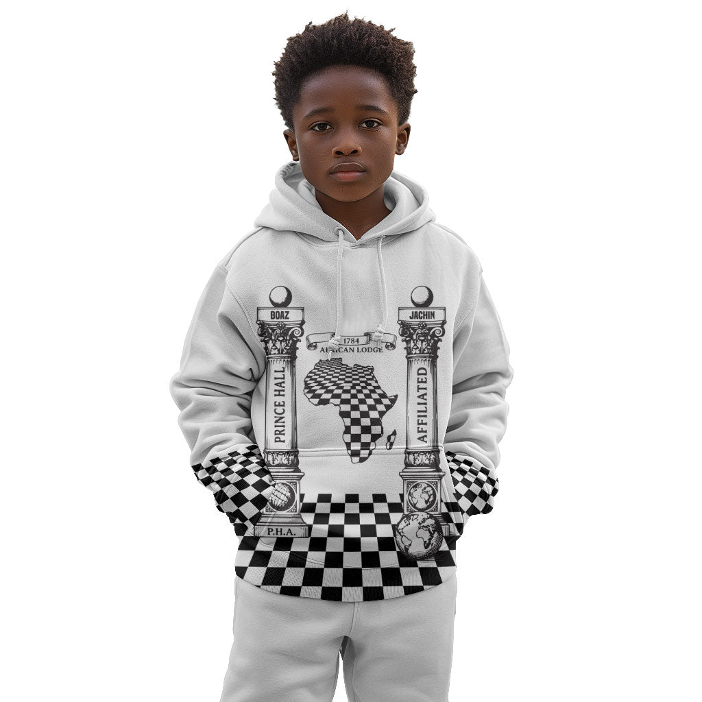 Prince Hall Affiliated Freemasonry Kid Hoodie Classic Masonic Pillars Boaz Jachin Checkerboard Africa Map