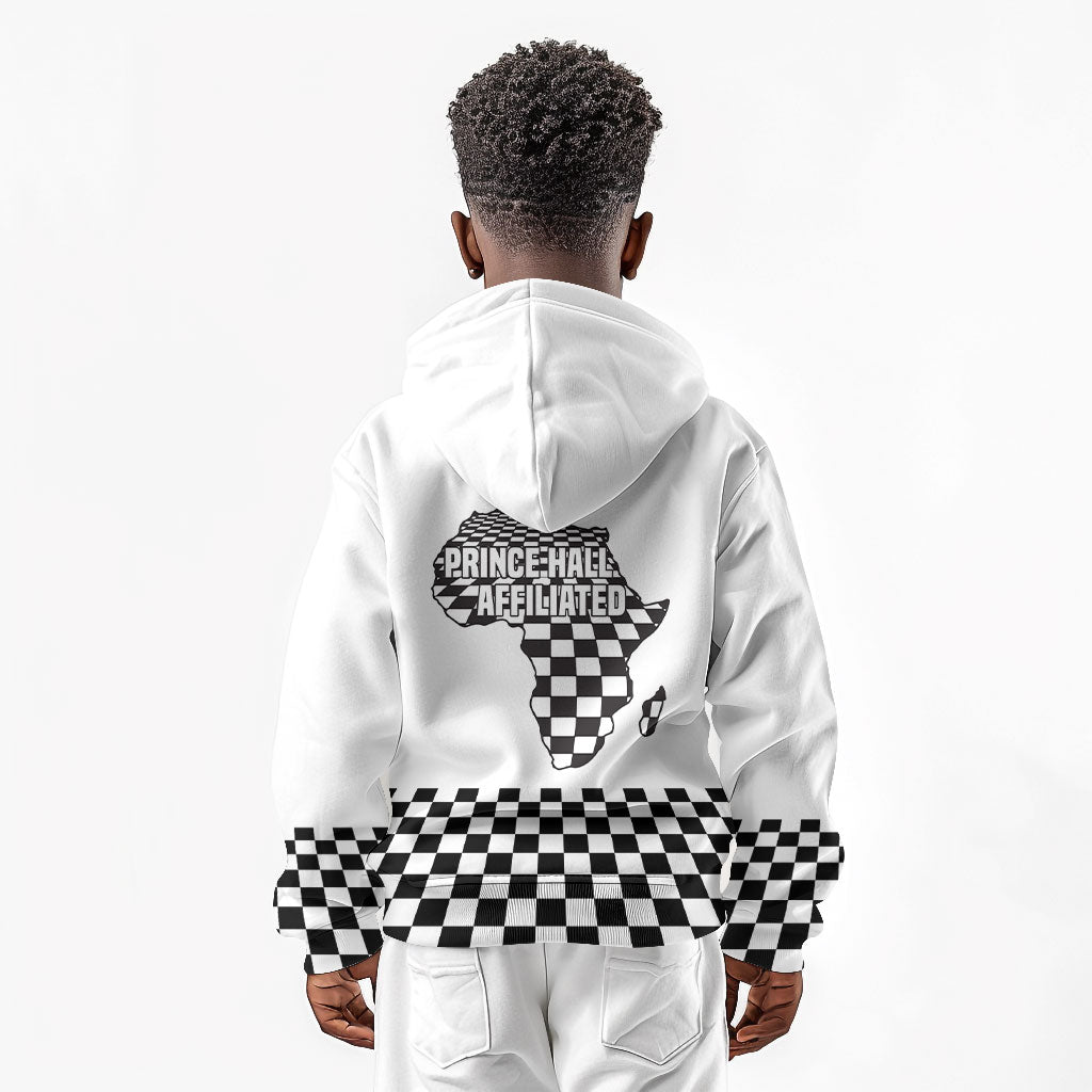 Prince Hall Affiliated Freemasonry Kid Hoodie Classic Masonic Pillars Boaz Jachin Checkerboard Africa Map