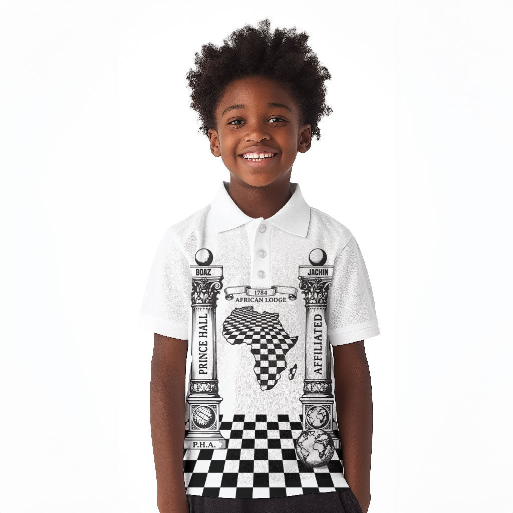 Prince Hall Affiliated Freemasonry Kid Polo Shirt Classic Masonic Pillars Boaz Jachin Checkerboard Africa Map