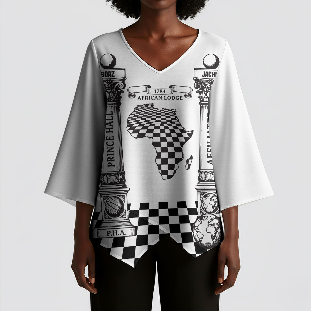 Prince Hall Affiliated Freemasonry Kimono Sleeve Blouse Classic Masonic Pillars Boaz Jachin Checkerboard Africa Map