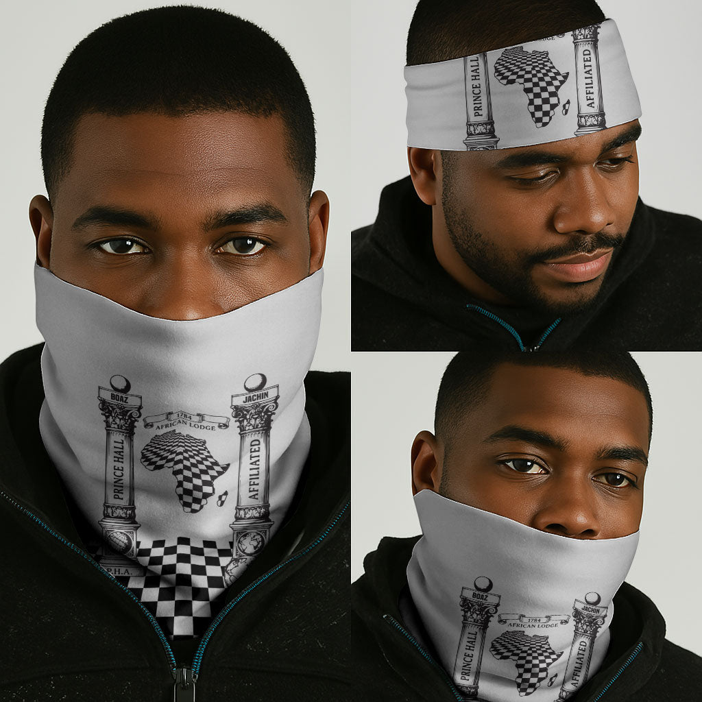 Prince Hall Affiliated Freemasonry Neck Gaiter Classic Masonic Pillars Boaz Jachin Checkerboard Africa Map