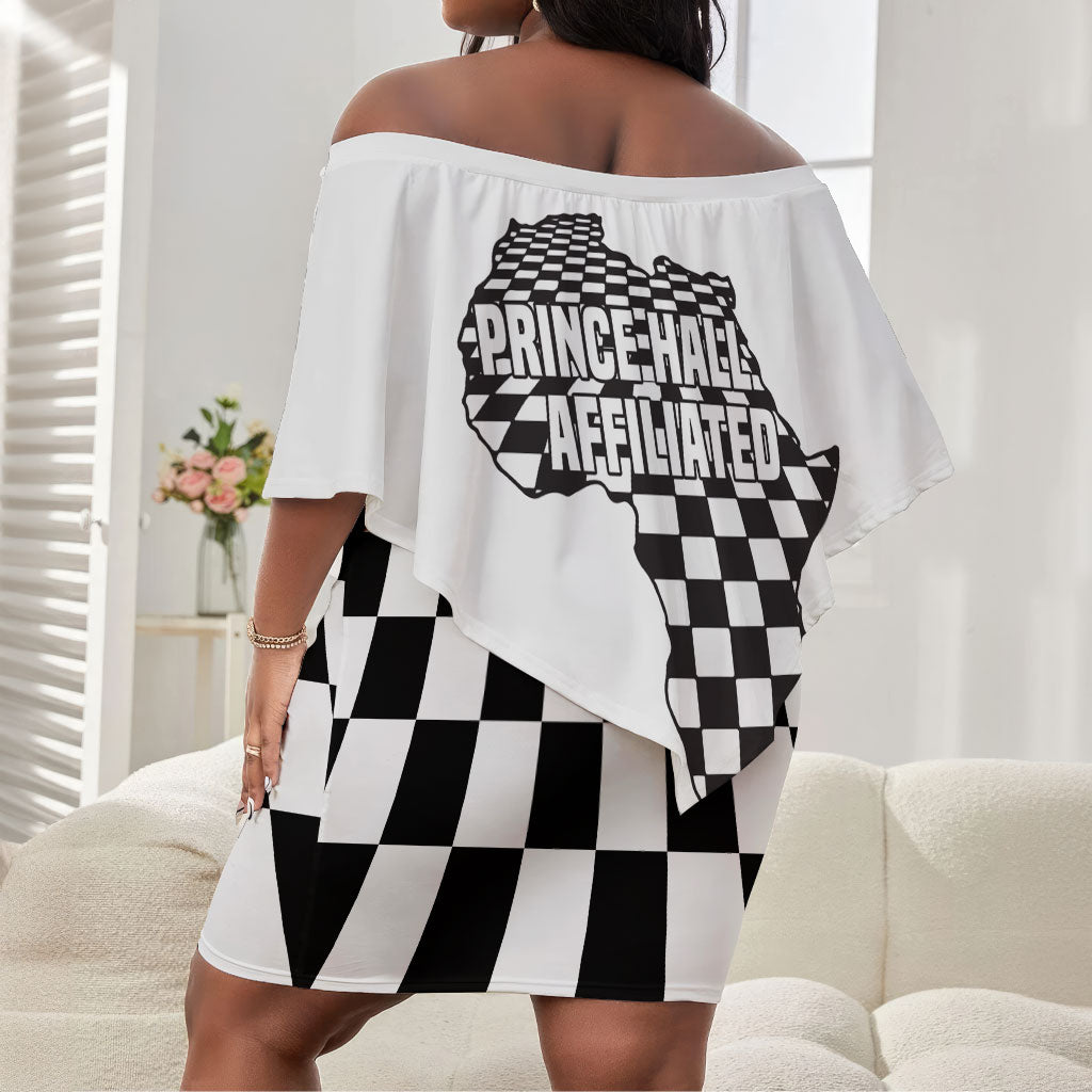 Prince Hall Affiliated Freemasonry Off Shoulder Short Dress Classic Masonic Pillars Boaz Jachin Checkerboard Africa Map