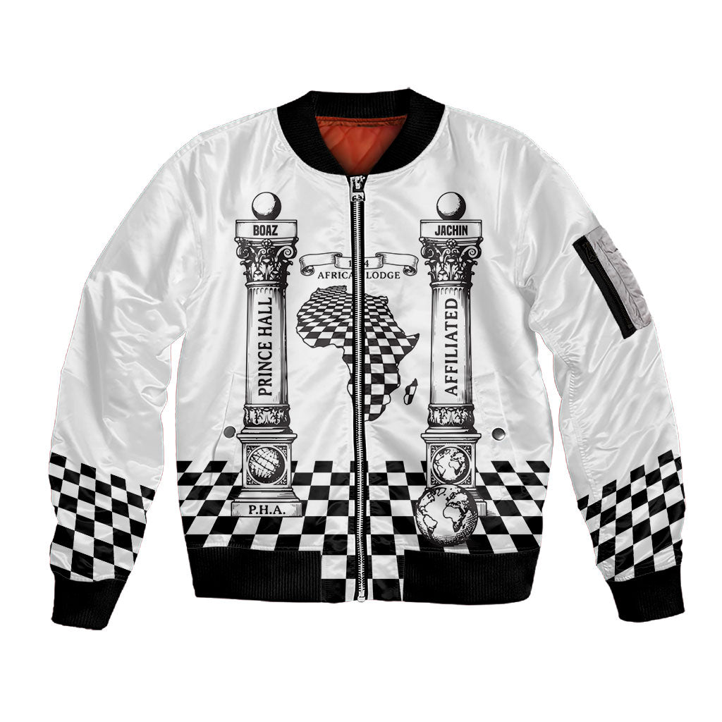 Prince Hall Affiliated Freemasonry Sleeve Zip Bomber Jacket Classic Masonic Pillars Boaz Jachin Checkerboard Africa Map