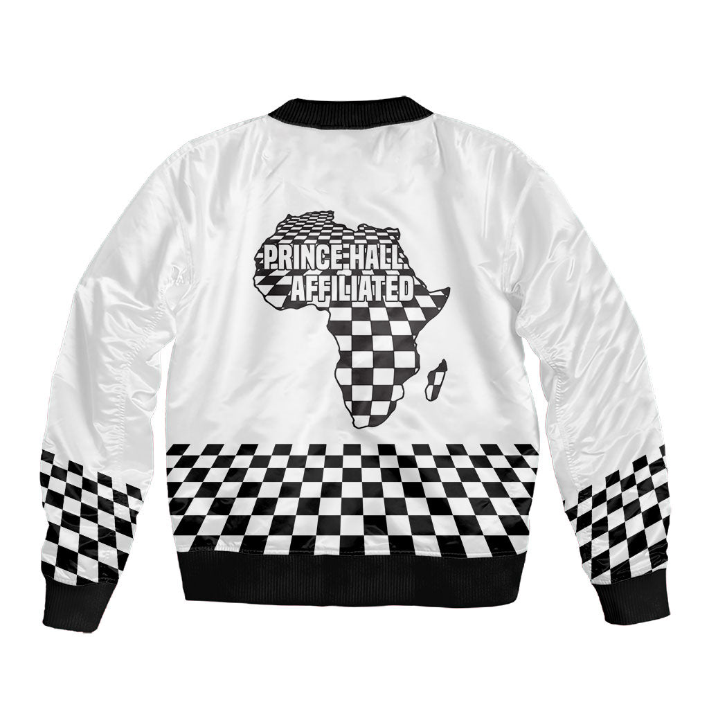 Prince Hall Affiliated Freemasonry Sleeve Zip Bomber Jacket Classic Masonic Pillars Boaz Jachin Checkerboard Africa Map